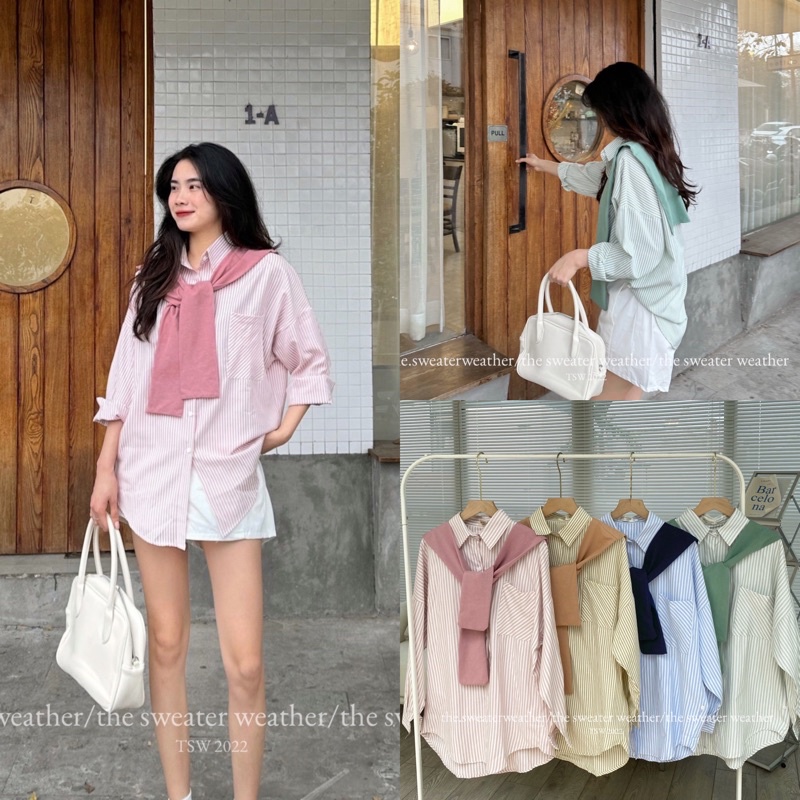Áo sơ mi kẻ sọc dọc kèm khăn choàng tháo rời the.sweaterweather TSW (ảnh thật)