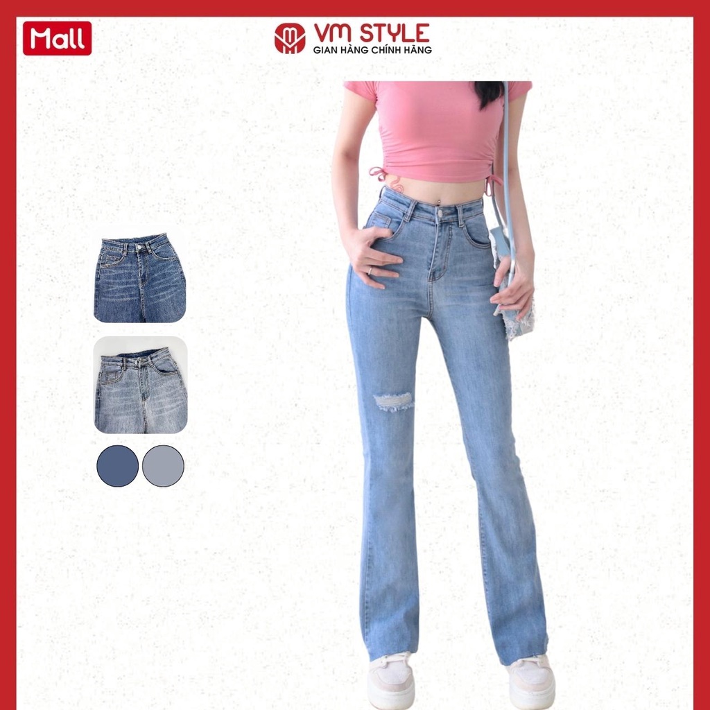 Quần jean ống loe nữ VMSTYLE cạp cao co dãn rách gối lai lua tua basic 2338-2339 - QJL00100