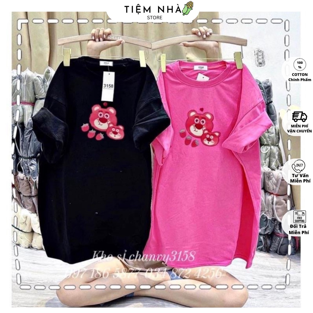 Áo Thun Form Rộng 3158 Cotton Khô In Hình Mặt Gấu Dâu Unisex
