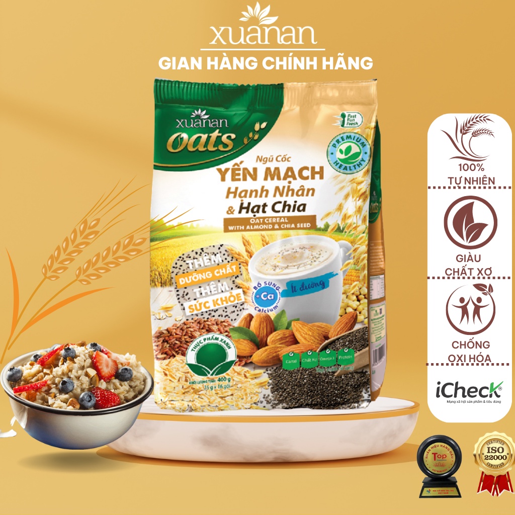 Ngũ cốc dinh dưỡng yến mạch hạnh nhân hạt chia ăn sáng giúp giảm cân lợi sữa XUÂN AN túi 400g