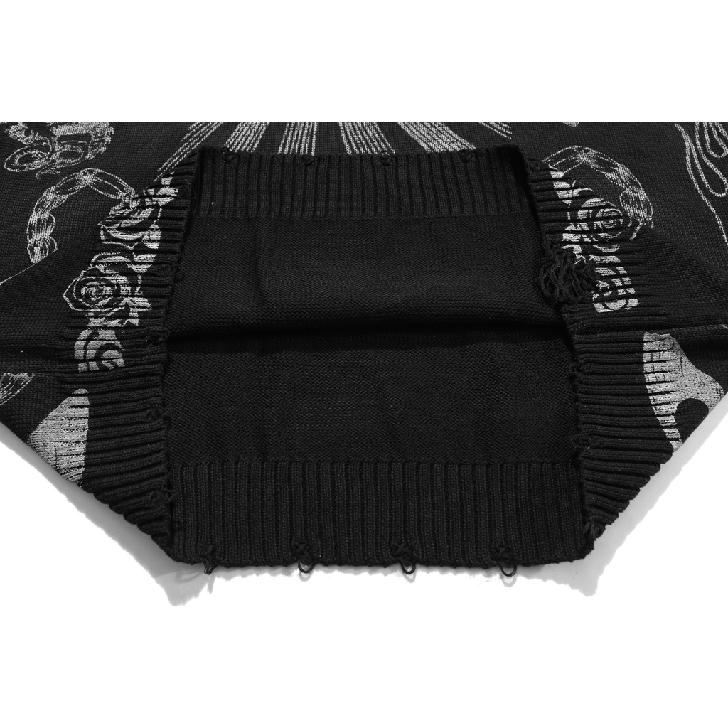 Áo len dài tay cổ tròn thời trang nam nữ Tatoo Printed Ripped Pullover Sweater Streetwear Clothing Red Black