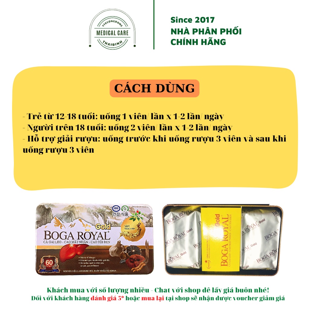 Viên giải độc gan BOGA ROYAL - Viên bổ gan, hạ men gan, tăng cường chức năng gan BogaRoyal Hộp 60 viên