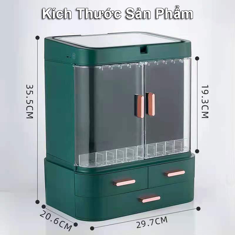 Kệ Đựng Mỹ Phẩm Đồ Trang Điểm 3 Tầng Để Bàn,Tủ Để Mỹ Phẩm Tích Hợp Đèn Led Và Gương Led Xoay 360 Độ Có Hộp Ngăn Kéo