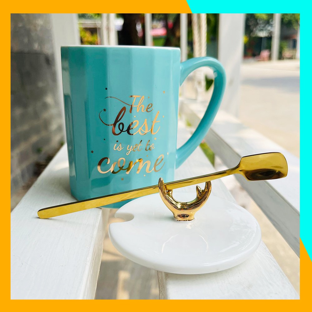 Ly sứ có nắp đậy Cao Cấp dễ thương kèm thìa vàng sang trọng