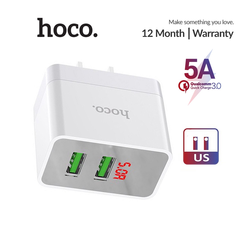 Củ sạc nhanh 5A Hoco DC28 chuôi dẹt vật liệu PC cao cấp 2 cổng Usb màn hình Led