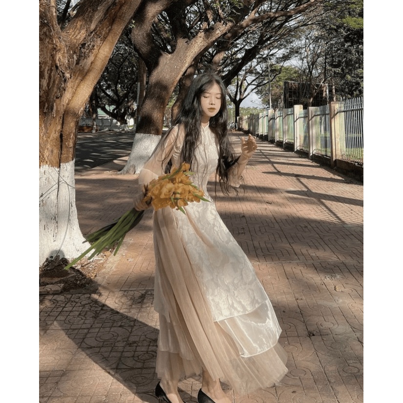 Áo dài cách tân áo dài tết tay lỡ chât tơ voan phối áo dài tết thời trang mùa xuân