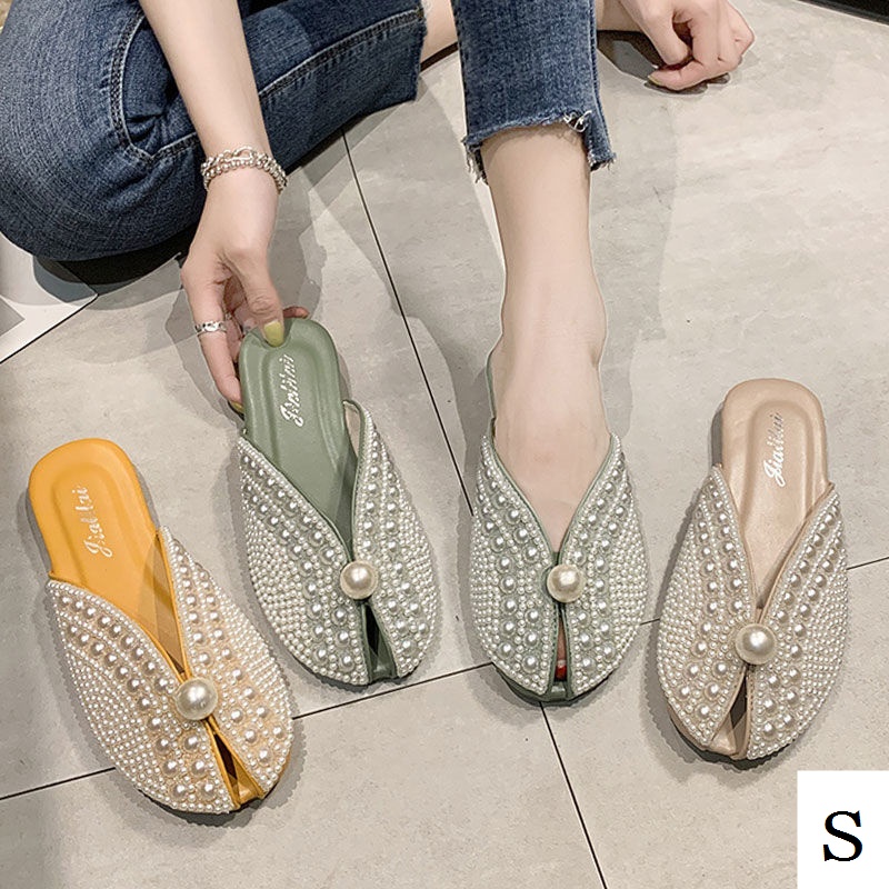 Dép Bít Mũi Đế Bằng Đính Hạt Ngọc Trai Phong Cách Mới Thời Trang Mùa Hè 2023