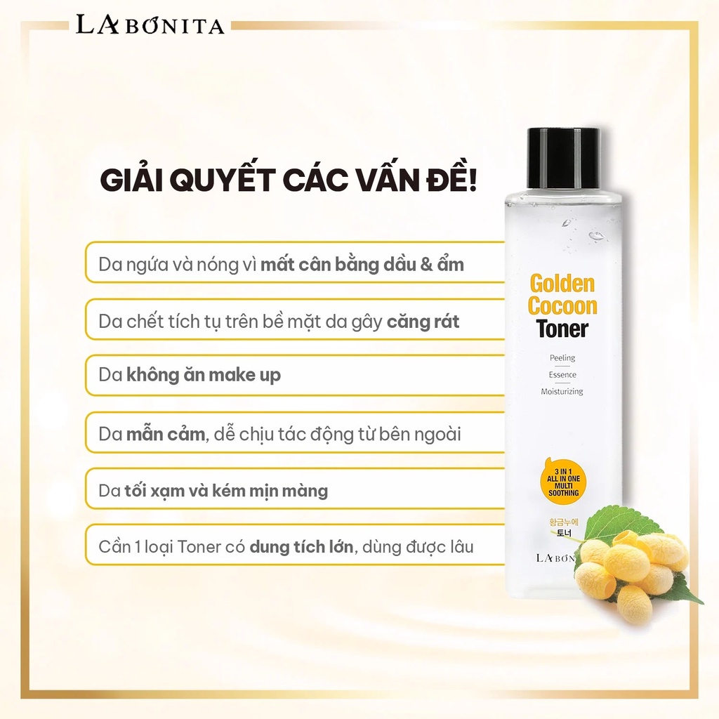 Nước cân bằng làm sạch, cân bằng, dưỡng ẩm da La Bonita Golden Cocoon Toner 340ml