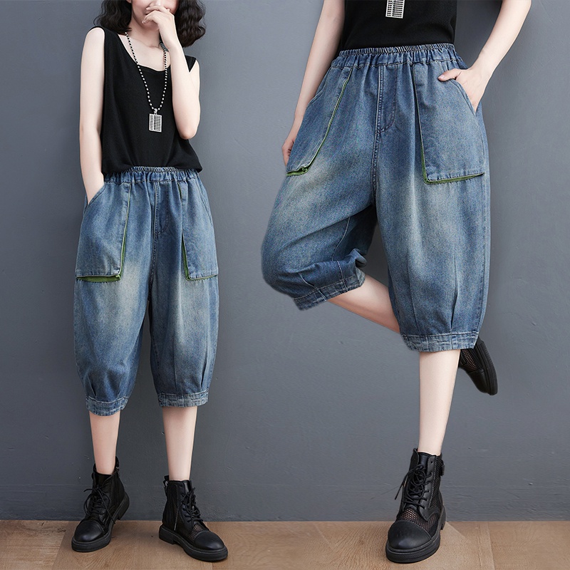 B15 Quần bò bigsize dáng lửng gập gấu phối màu cá tính.