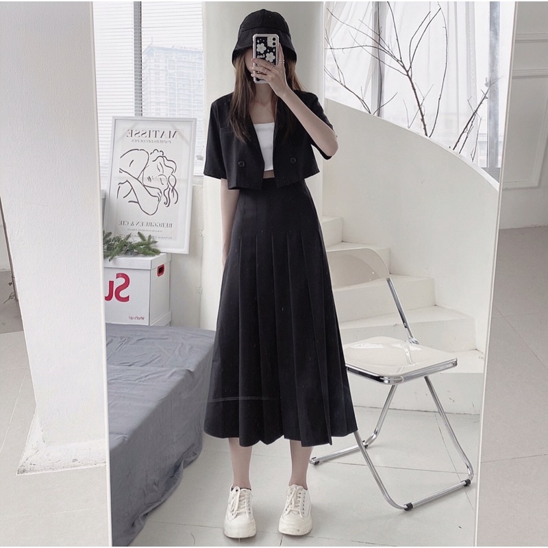 Chân váy xếp ly Hàn dáng dài chân váy midi dạo phố