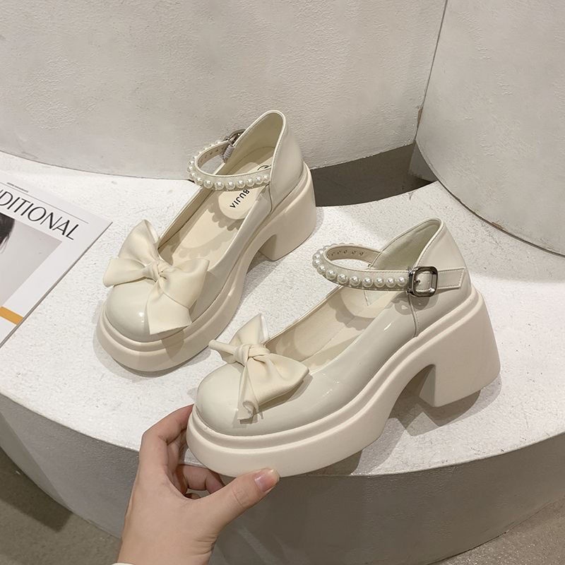 Giày Mary Jane đế dày nơ ngọc trai