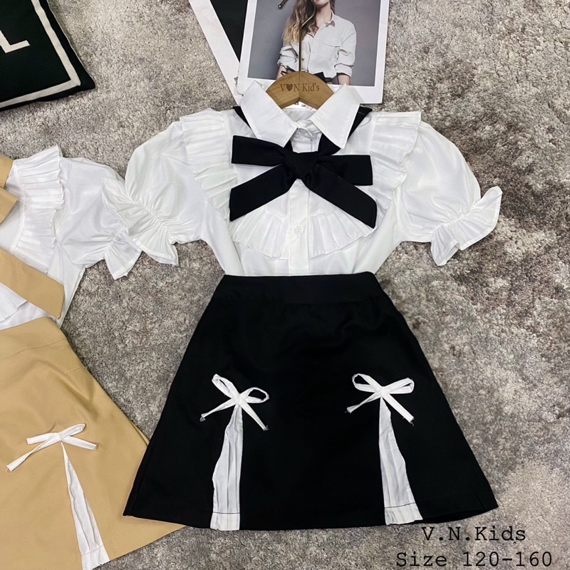 Set sơmi bèo + quần váy dáng A cho bé đi học size đại 17kg-40kg