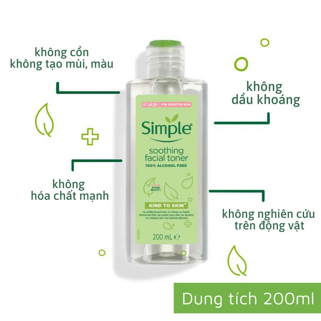 Nước hoa hồng Simple Toner Kind To Skin Soothing Facial không cồn 200ml