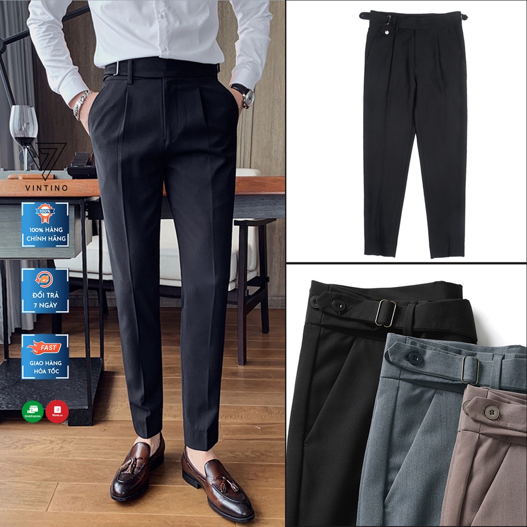 Quần Tây Nam Hàn Quốc Cạp Cao Sidetab Chỉnh Eo Baggy Suông Đen, Quần Âu Nam Công Sở Slimfit Vải Mềm Mịn VINTINO QĐL