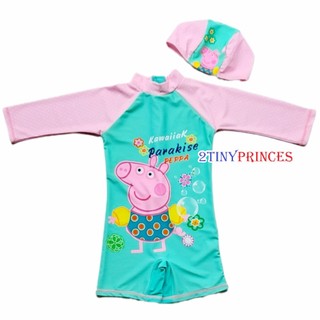 Bộ đồ bơi liền thân dài tay họa tiết heo hồng kèm nón bơi - Đồ bơi bé gái DBBG35