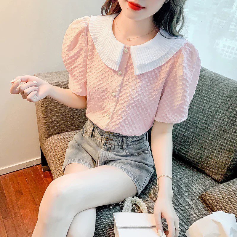 Áo SơMi Thiết Kế Nữ Chất Liệu Vải Sốp Thời Trang Phối cổ xếp ly xinh xắn B995