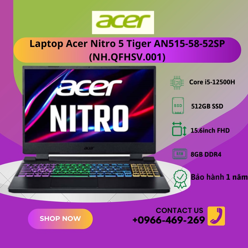 Laptop Gaming Acer Nitro 5 Tiger AN515-58-52SP/ i5-12500H/8GB/512GB/4GB RTX3050/144Hz