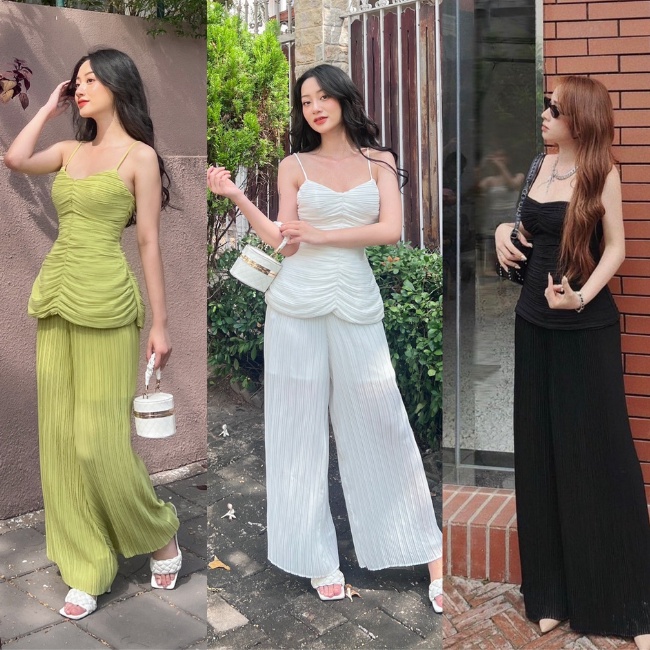 SÉT DẬP LI ÁO 2 DÂY QUẦN QUẦN ỐNG RỘNG 3 MÀU