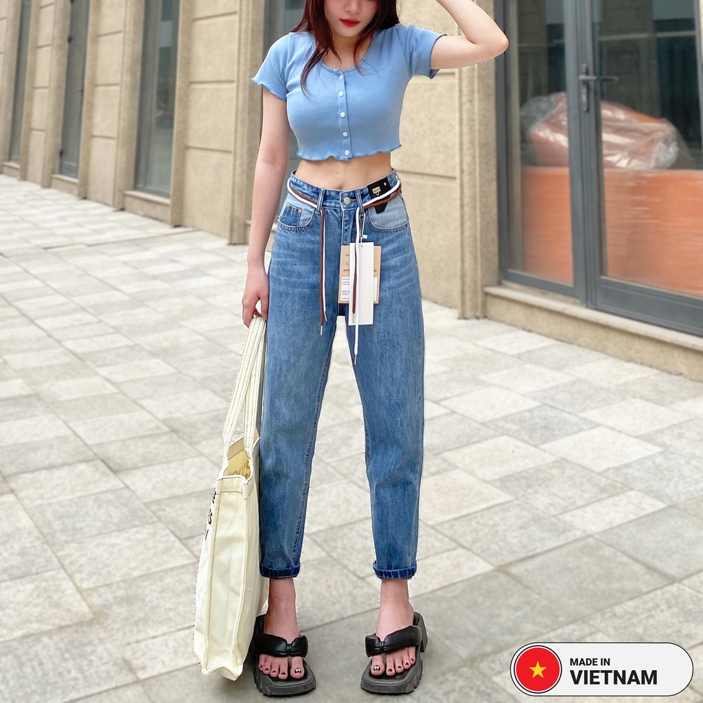 Quần baggy jean nữ, Quần bò baggy nữ lưng cao phối 2 dây cực độc RA01, REDRIBBON ARMY