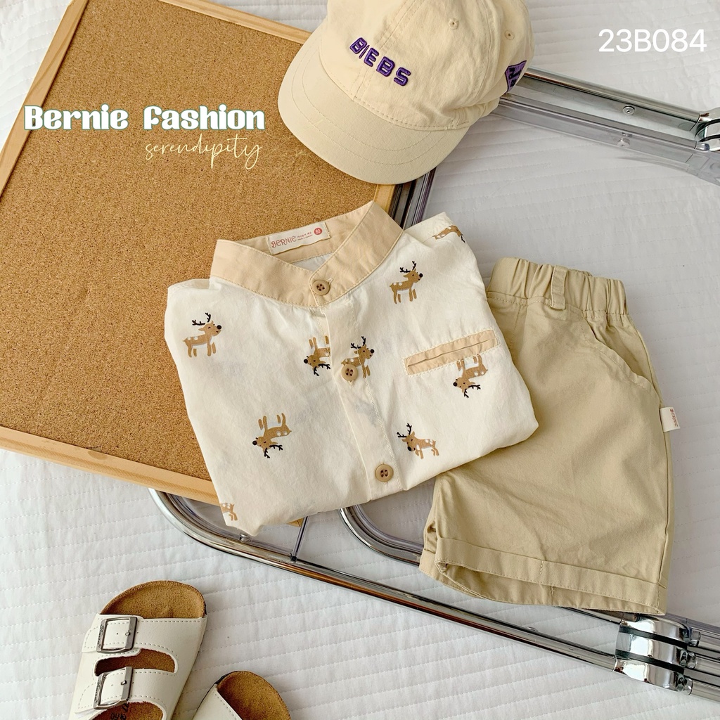 Bộ sơ mi cộc tay cổ tàu họa tiết hươu Bernie cho bé trai