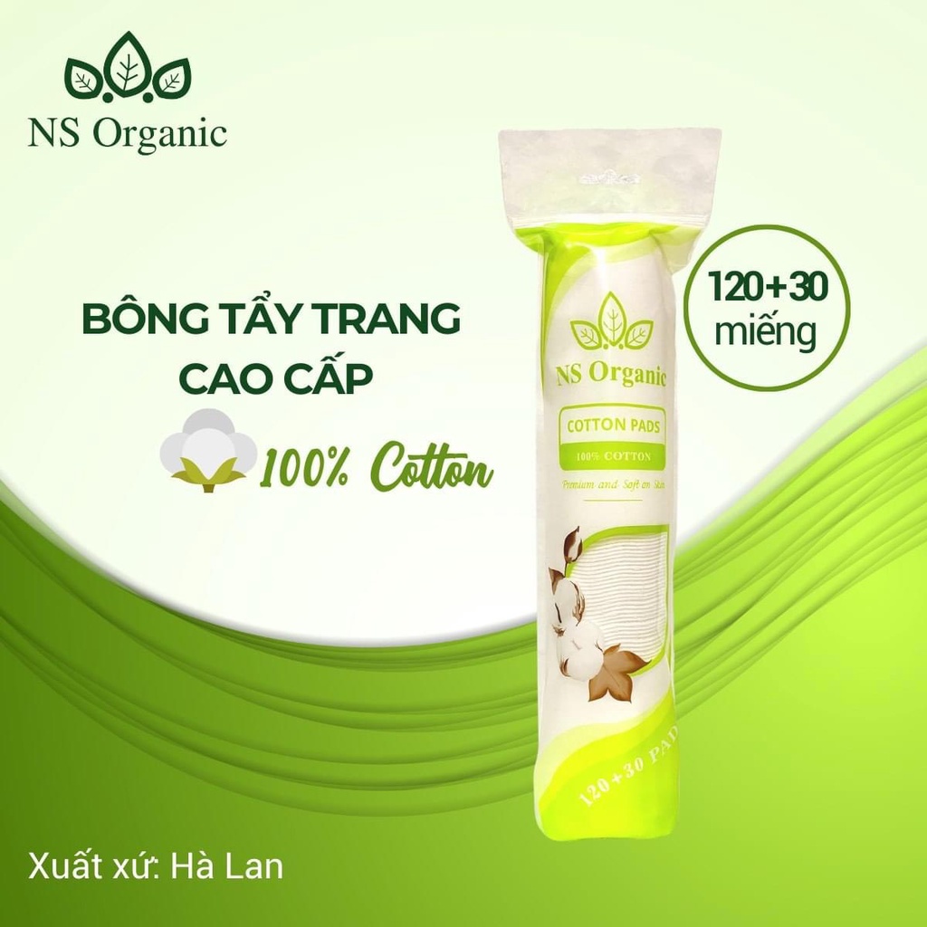 Bông tẩy trang NS Organic - HÀ LAN 100% chất liệu Cotton tự nhiên 150 miếng, Miếng BÔNG TRÒN basic form truyền thống