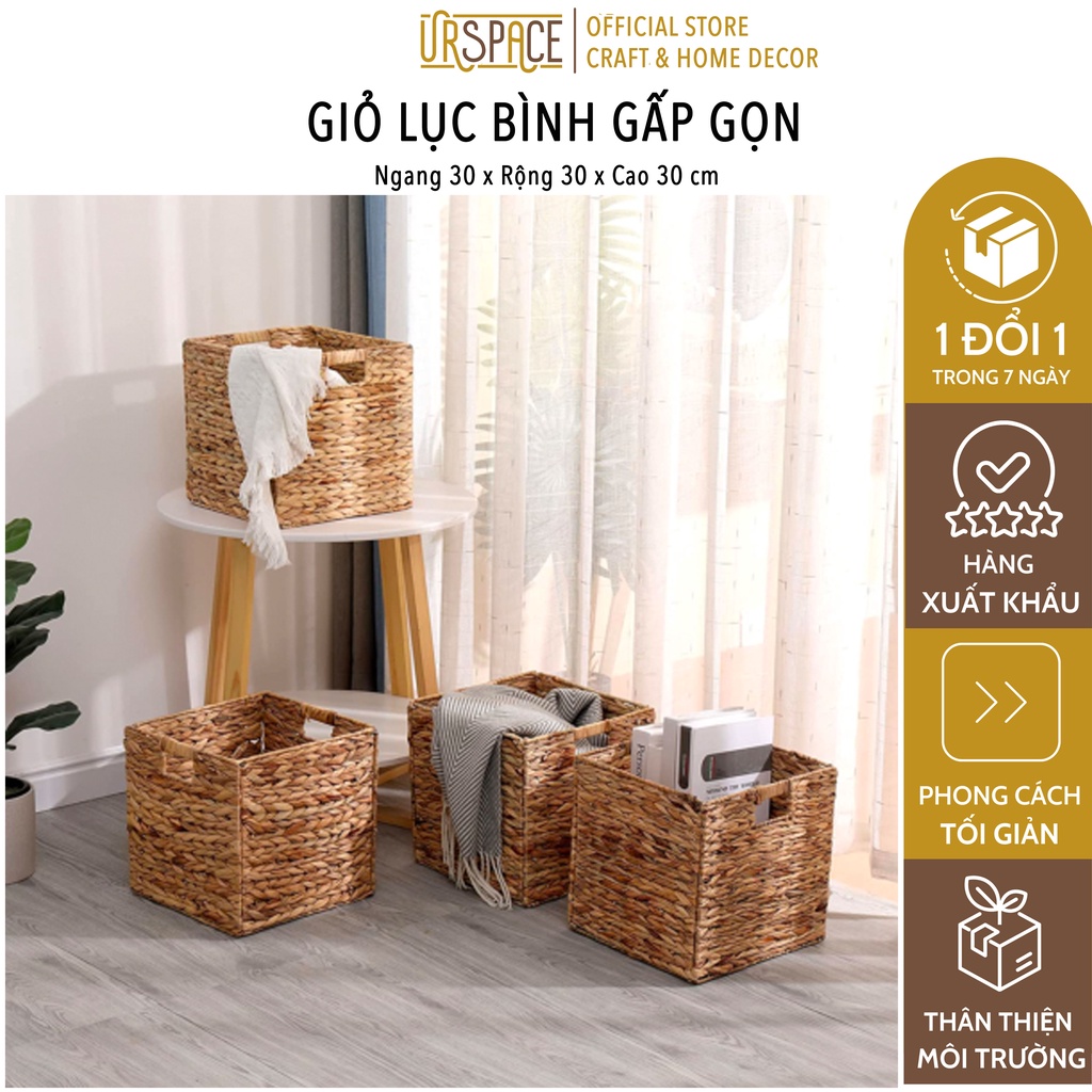Giỏ cói không nắp URSPACE đựng đồ đa năng hình vuông có thể gấp gọn size 30