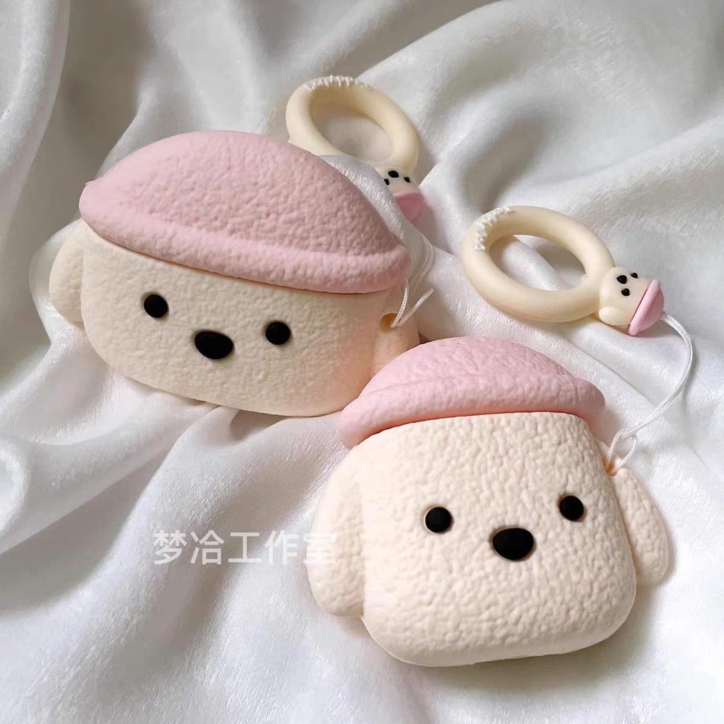 Vỏ Bảo Vệ Hộp Sạc Tai Nghe Bluetooth AirPods 1 / 2 / Pro Gắn Móc Khóa Hình Chú Chó Teddy Màu Hồng Dễ Thương