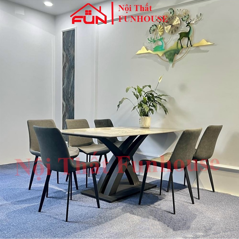 Bộ bàn ăn chữ X 6 ghế nhập khẩu, mặt bàn chữ nhật đá CERAMIC cao cấp, khung sắt sơn tĩnh - Bảo hành 12 tháng
