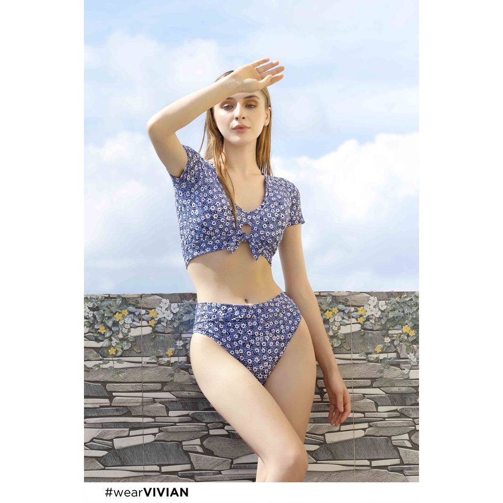 Đồ bơi nữ cao cấp 𝐕𝐈𝐕𝐈𝐀𝐍 dạng hai mảnh áo tay ngắn, cổ V cách điệu - màu Flora - VS172_FLO