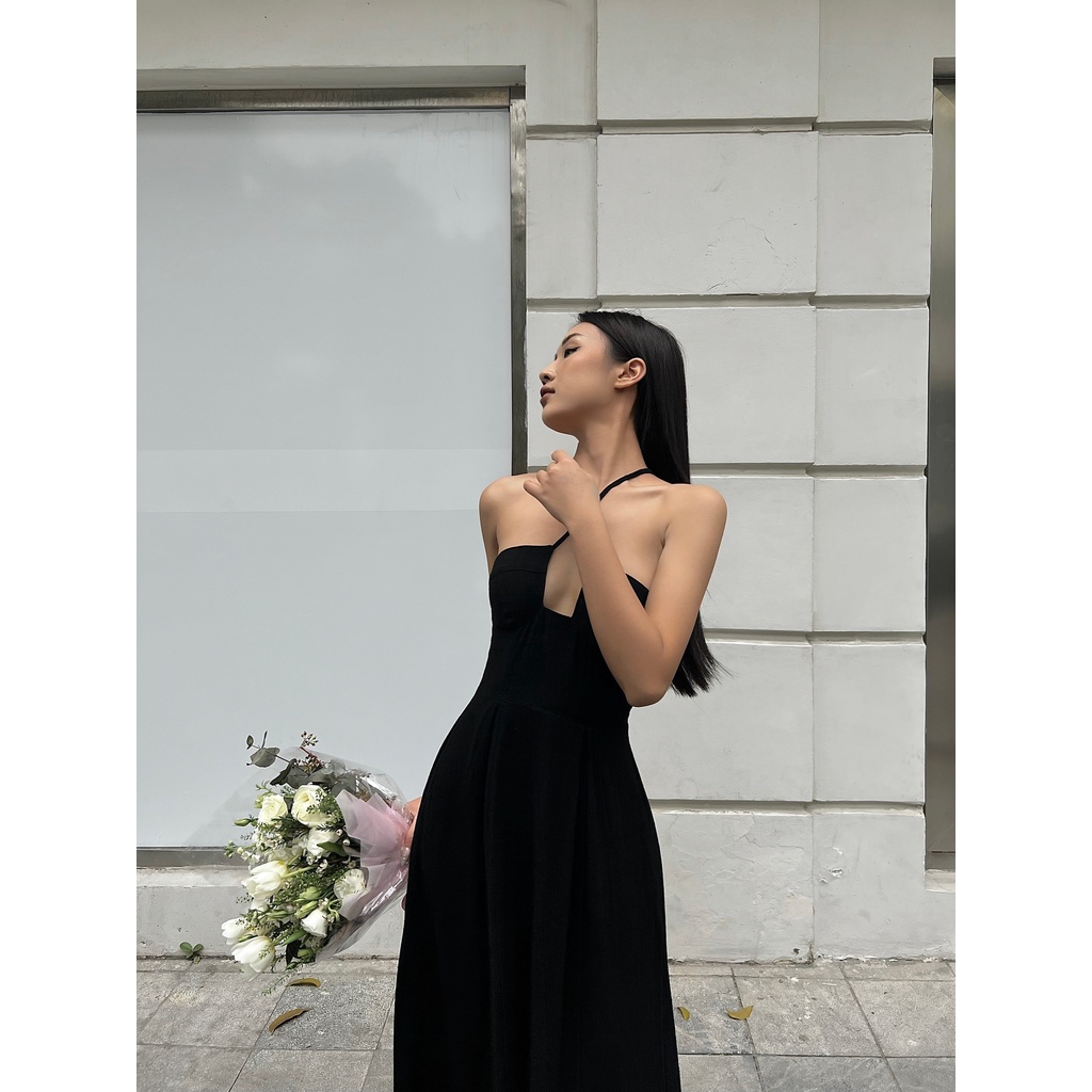 Lucy Dress_ đầm yếm xẻ ngực có sẵn mút ngực chất liệu linen Bamboo_hanami Store