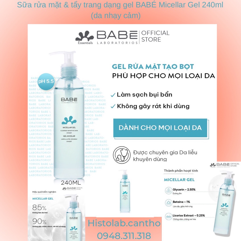 Sữa rửa mặt & tẩy trang dạng gel BABÉ Micellar Gel 240ml (da nhạy cảm)