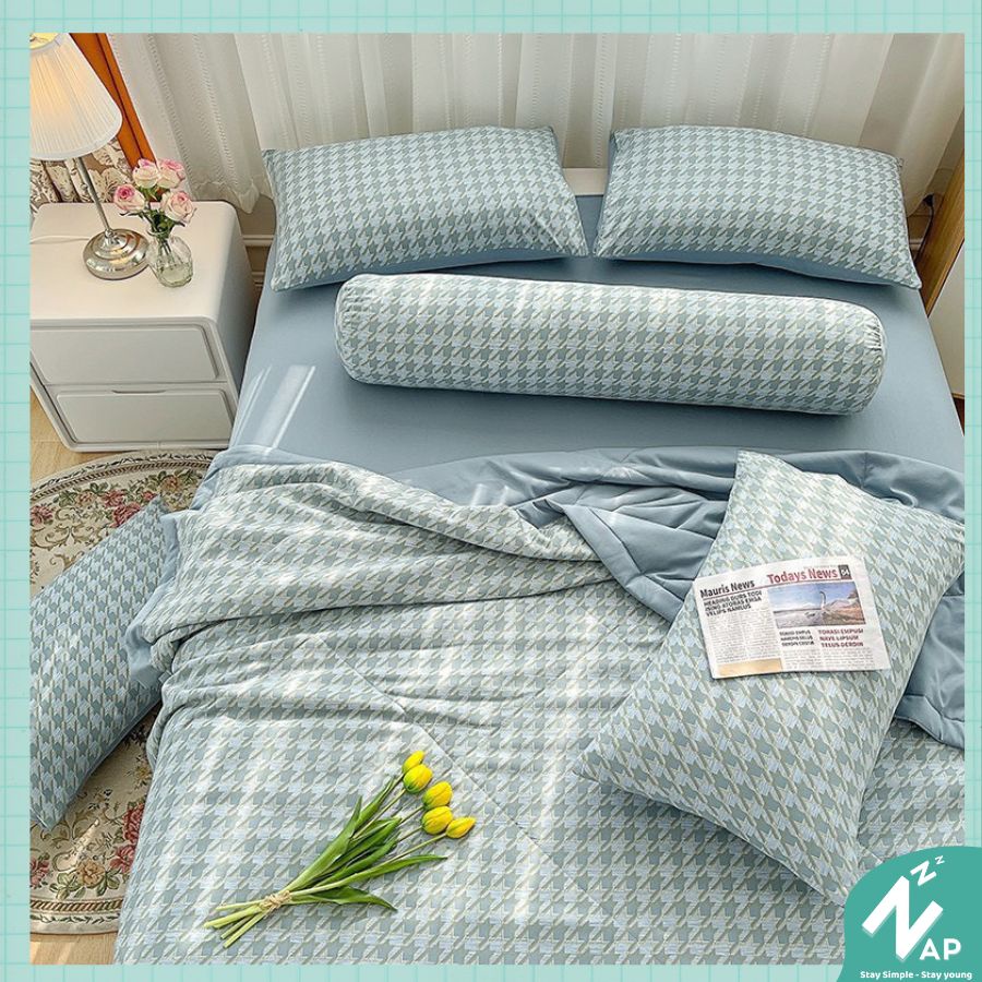 Bộ Chăn Chần Ga Giường Vỏ Gối 4 Món Cotton Đũi Hàn Quốc Caro Kết Hợp Roma Đủ Size Napbedding