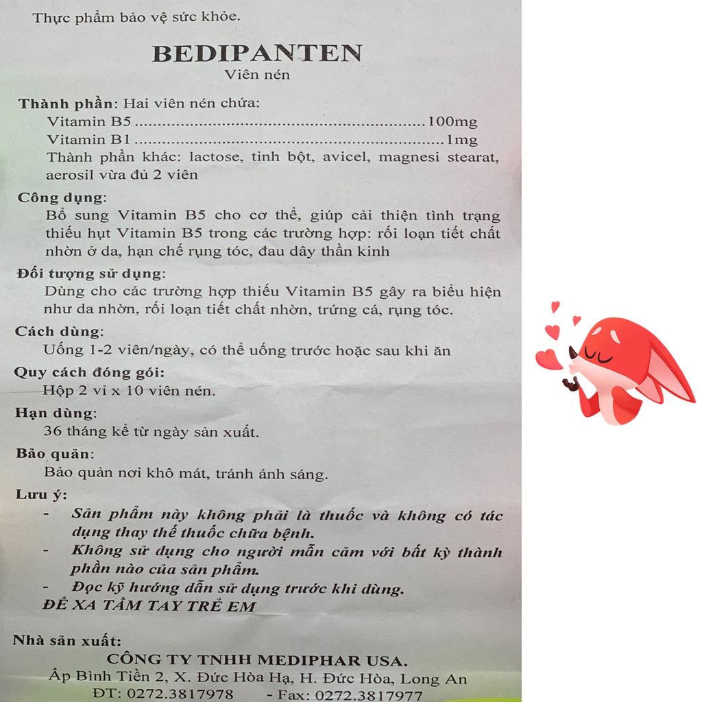 Viên giảm mụn,ủ tóc Bedipanten vitamin B5 100mg,vitamin B1 1mg ngăn ngừa rụng tóc,mụn và giảm tiết bã nhờn-Hộp 20 viên