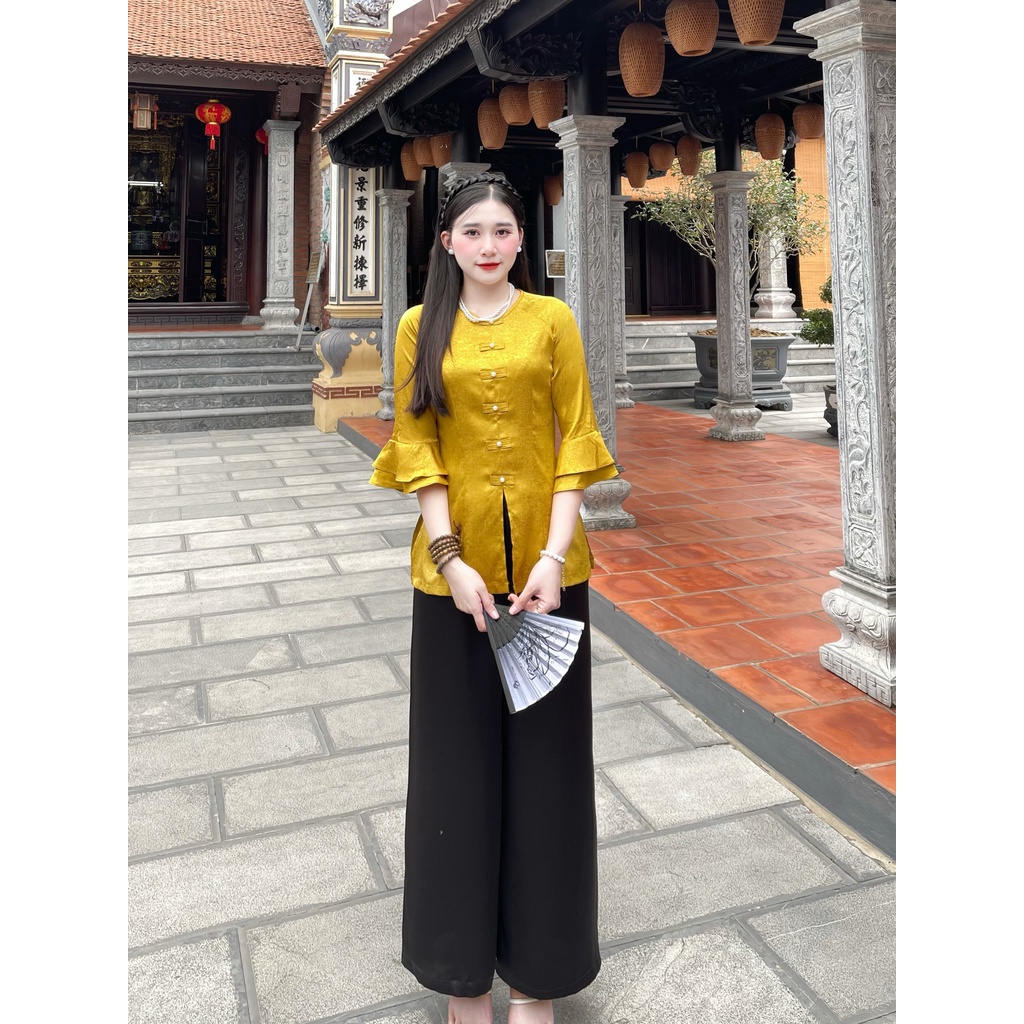 Đồ Lam Đi Chùa Nữ - Bộ áo gấm tay loe  Không Nhăn, Không Bai Giãn, Không Phai Màu