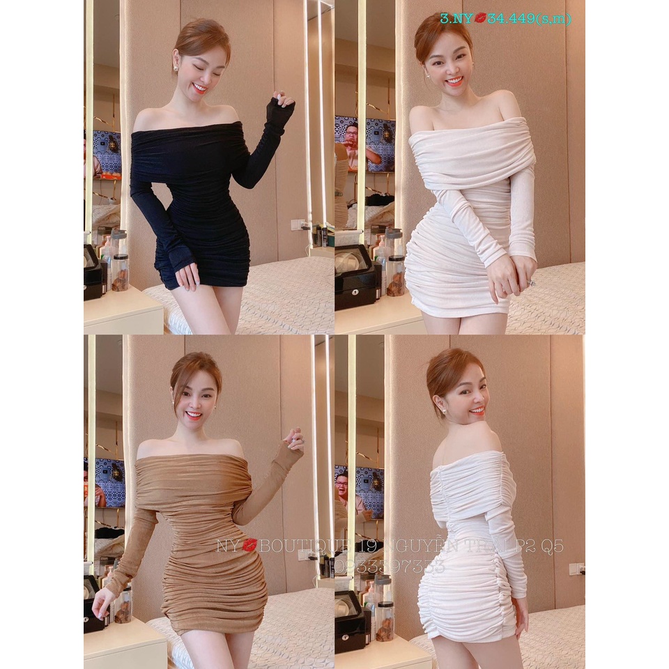 [4.4 Sales Freeship] Đầm thun ôm body trễ vai tay dài, đầm nhún eo bẹt vai dáng ngắn chất thun gân đi chơi tôn dáng mtb