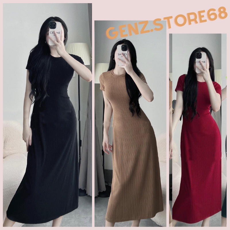 Đầm body Genz Store váy đầm chữ A trơn cổ tròn cộc tay tôn dáng kéo dài chân