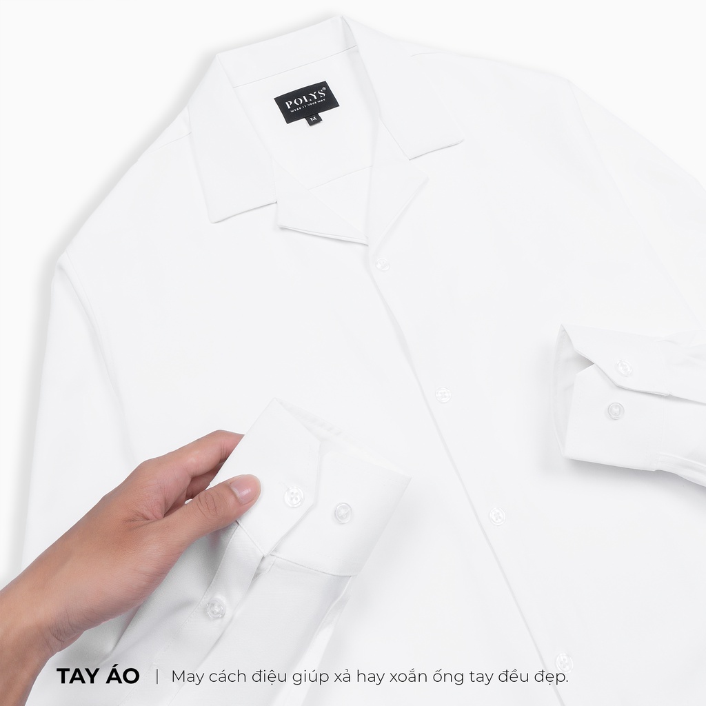 Áo sơ mi nam tay dài Trắng Đen Cổ Vest POLYS Fullbox, Vải Chéo dày dặn, co giãn, thoáng khí Áo sơ mi LONG SLEEVE CUBAN