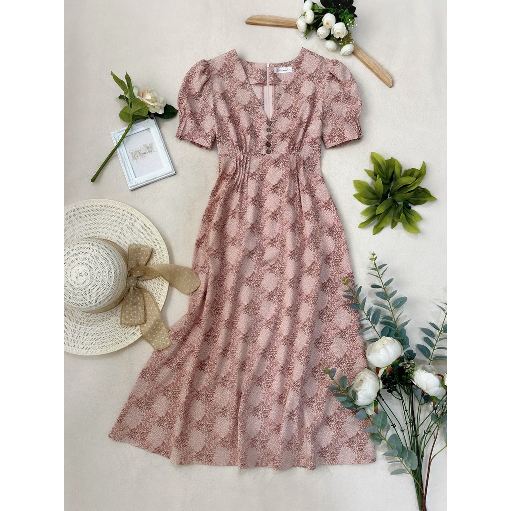 Đầm Midi nối ngực, xếp pli eo, tay phồng, thân sau dún thun, dài qua gối _ D1.756 _ Hồng Bông Cánh Hoa