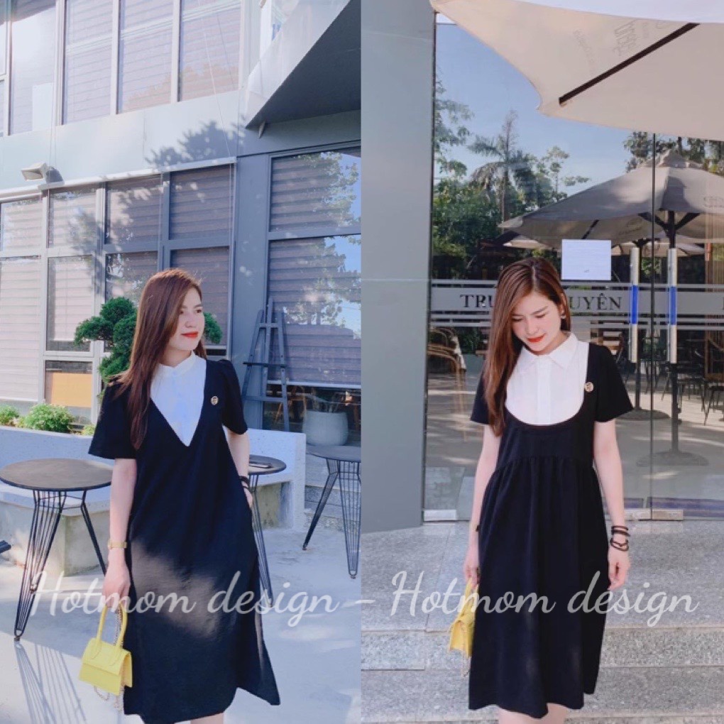 (HÀNG CHÍNH HÃNG) Set váy đen công sở mix áo sơ mi sang chảnh, váy đầm bầu thiết kế dáng sành điệu Hotmom Hotmom
