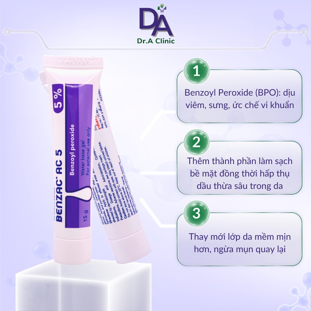 Kem chấm mụn Benzac AC 5% và 2.5% chính hãng Dr.A chứa Benzoyl Peroxide giảm mụn viêm sưng đỏ nhanh gọn
