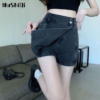 Mushiqi Quần Short denim Lưng Cao Dáng Rộng Mỏng Phong Cách retro Gia Vị Mỹ Mới Cho Nữ