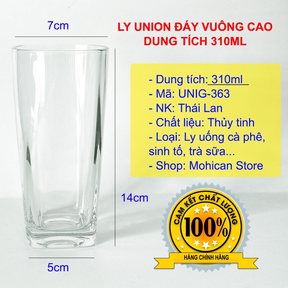Ly thủy tinh cao đáy vuông 310ml, cốc thủy tinh pha cà phê, nước ép, ly ăn chè Union nhập khẩu Thái Lan UNIG-363