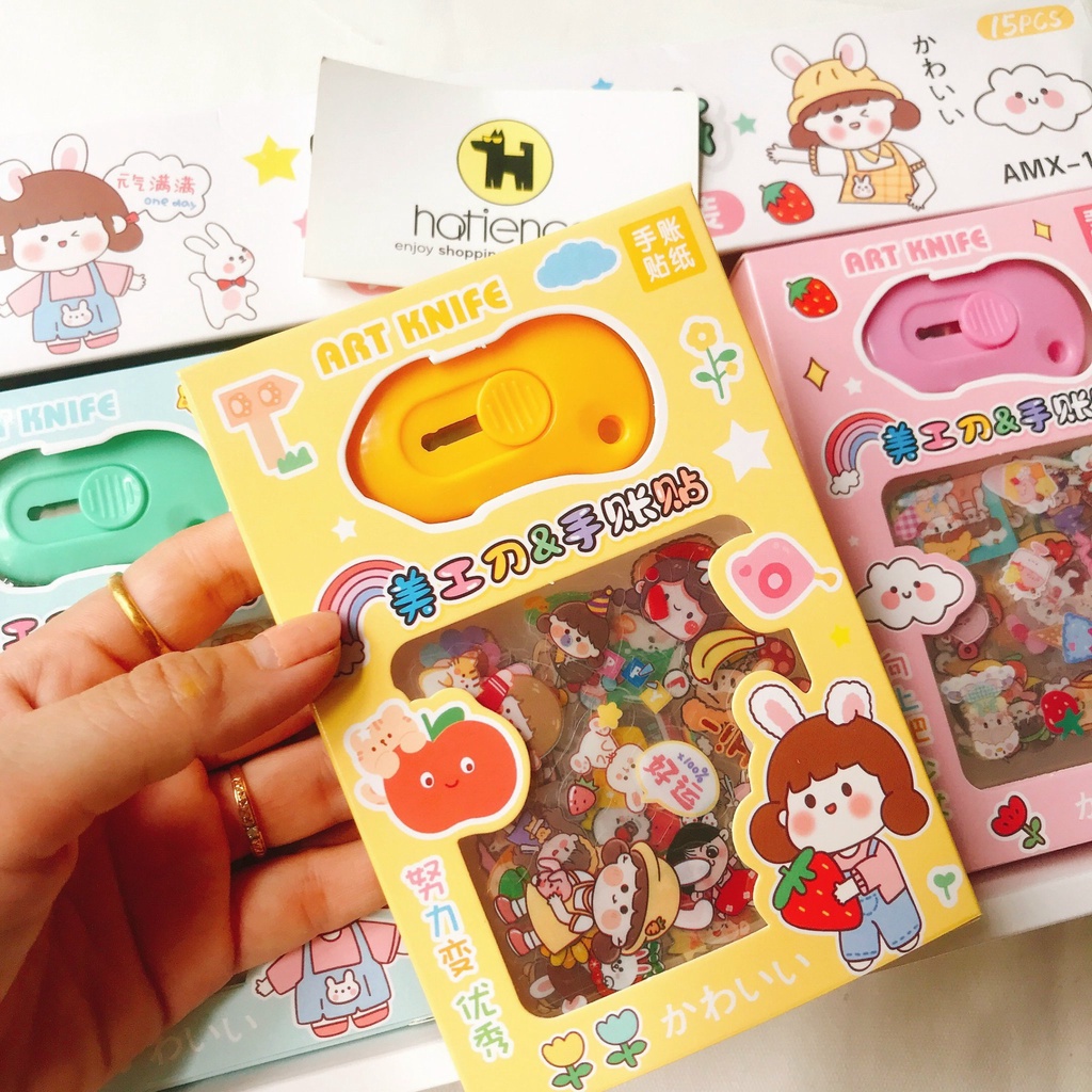 Hộp sticker cute kèm dao rọc giấy