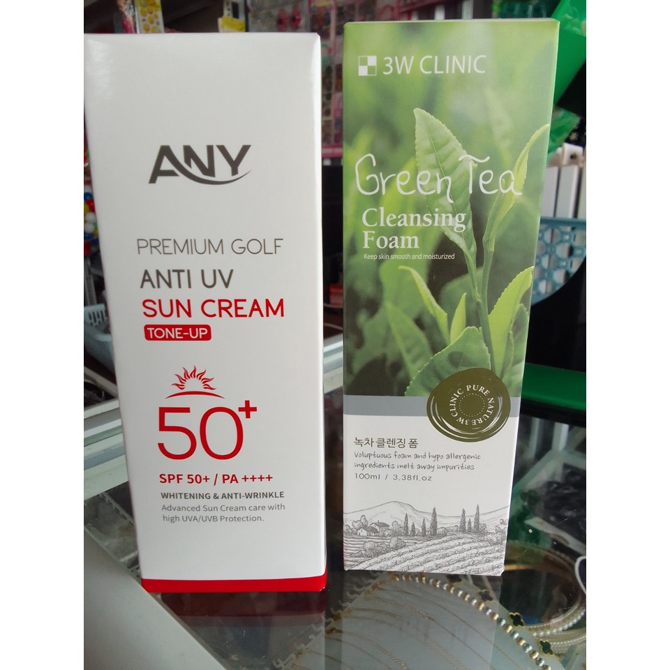 combo kem chống nắng any hàn quốc và sữa rửa mặt trà xanh chính hãng hàn quốc