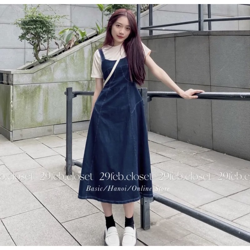 Váy yếm jeans hàn quốc dáng suông dài xanh đậm đường viền ullzang đi học đi chơi siêu xinh