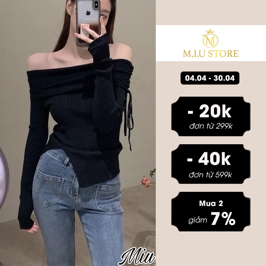 Áo trễ vai len tăm tay dài kiểu rút dây một bên vai khoe xương quai xanh có xẻ tà điệu đà