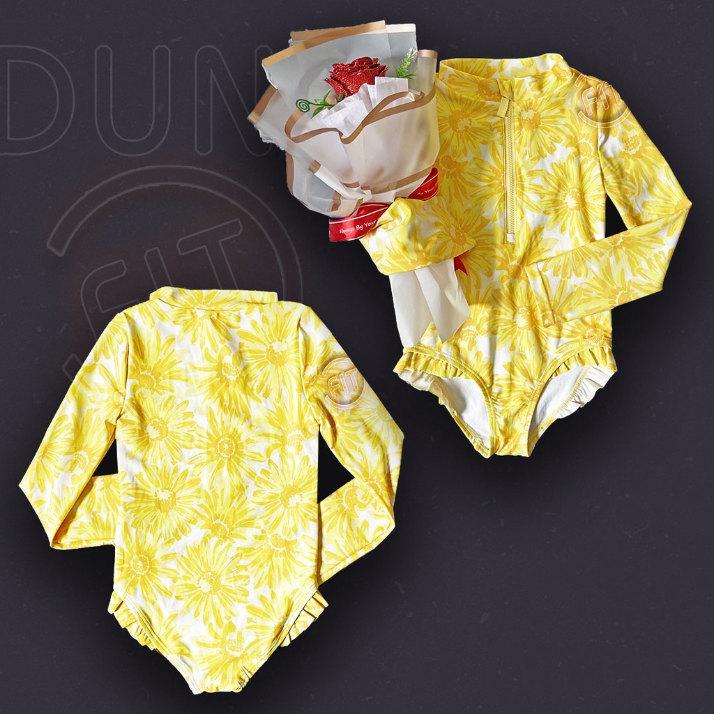 DUNBFIT Đồ bơi liền thân dài tay bé gái 9 tháng - 14 tuổi Màu vàng hoa hướng dương Viền bèo Cổ tròn Kéo khóa