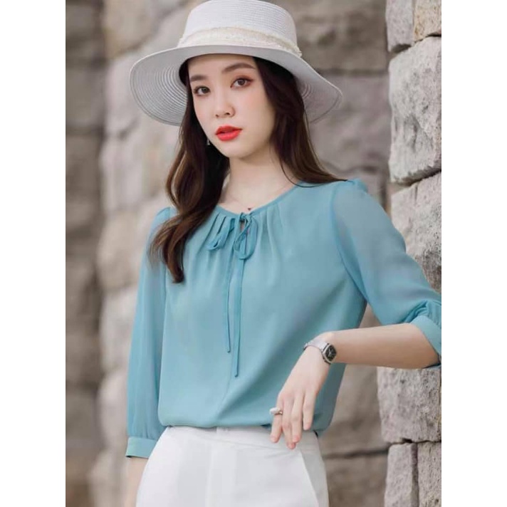 Áo Sơ Mi trung niên nữ U30 U40 U50, Áo Công Sở Nữ Tay Lỡ Họa Tiết Dây Nơ Vải Voan Thanh Lịch,Thời trang công sở_Store