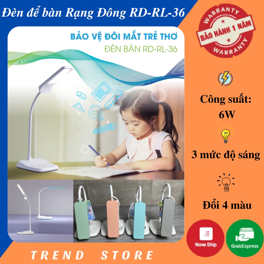 Đèn học để bàn chống cận Rạng Đông RD-RL-36 6W - Đèn Led cảm ứng với 3 chế độ ánh sáng, 4 nhiệt độ màu, chống mỏi mắt