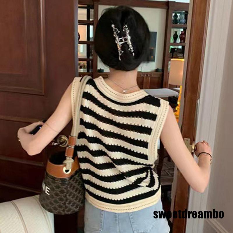 Áo Tank Top Dệt Kim Sát Nách Dáng Rộng Hoạ Tiết Kẻ Sọc Thời Trang Mùa Hè Cho Nữ